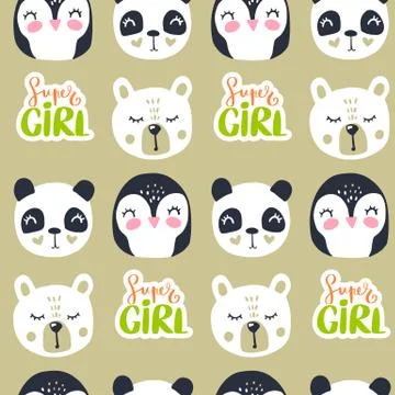 Cute seamless pattern with teddy bear, panda and penguin. Illustrazione stock