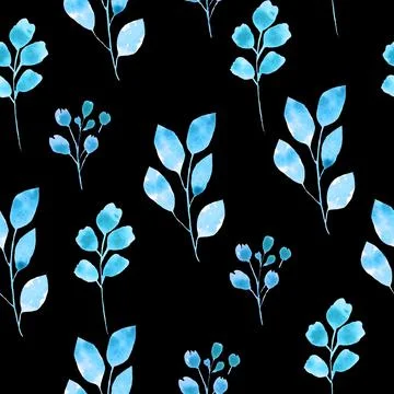 Cute seamless pattern with tender blue branches on dark background. Botanical Stock Illustration