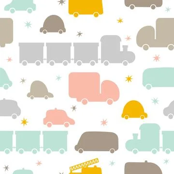 Cute seamless pattern with transport. Hand drawn cars. Cartoon background f.. Stock Illustration