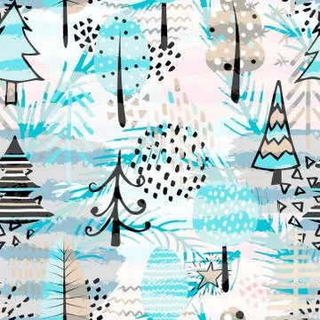 Cute seamless pattern with tree. Hand Drawn vector illustration. Background w Illustrazione stock