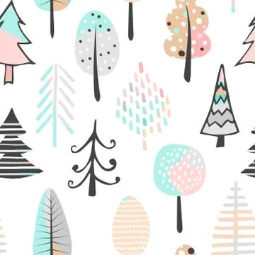 Cute seamless pattern with tree. Hand Drawn vector illustration. Background w Stock Illustration