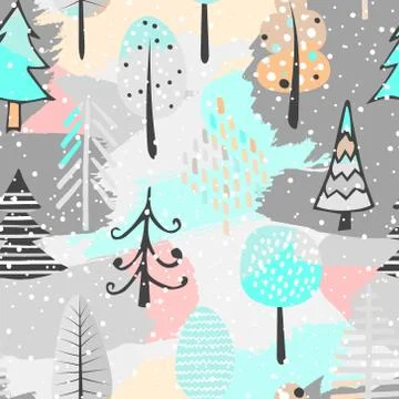 Cute seamless pattern with tree. Hand Drawn vector illustration. Background w Illustrazione stock