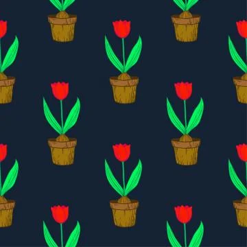 Cute seamless pattern with tulips in pots. Vector floral background. Stock Illustration