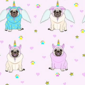 Cute seamless pattern with unicorn pug dogs, paw print, stars and hearts, tra Stock Illustration