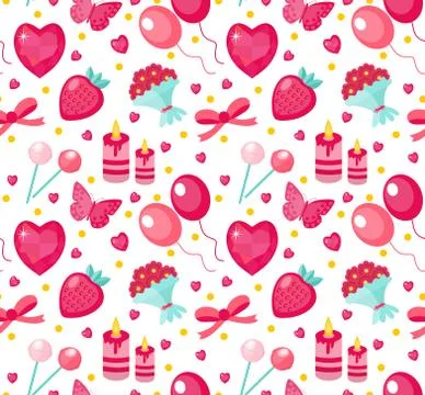 Cute seamless pattern Valentines day with strawberries, heart, flower, butt.. Stock Illustration