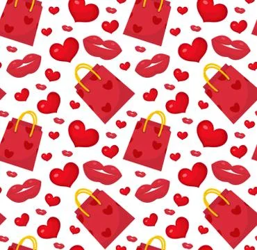 Cute seamless pattern Valentines day with gift bag, heart, kiss, lips. Love.. Stock Illustration