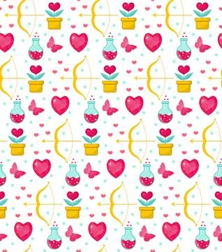 Cute seamless pattern Valentines Day with flowers, bow cupid, love potion, .. Stock Illustration