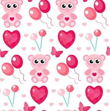 Cute seamless pattern Valentines day with teddy bear, balls, hearts. Love, .. Stock Illustration