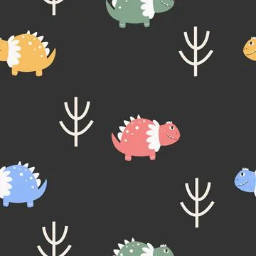 Cute seamless pattern with varied dinosaurs, mountains, volcanoes, palm trees Stock Illustration