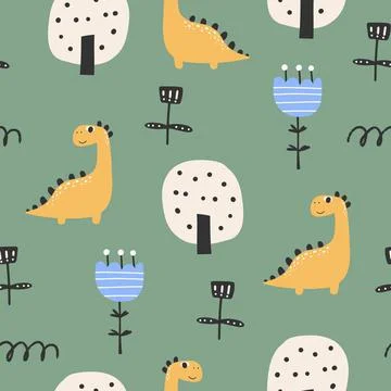 Cute seamless pattern with varied dinosaurs. Creative childish background for Illustrazione stock