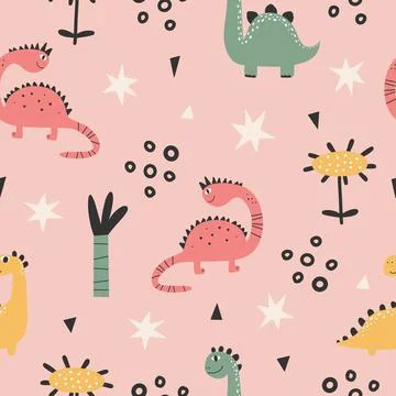 Cute seamless pattern with varied dinosaurs, mountains, volcanoes, palm trees Stock Illustration
