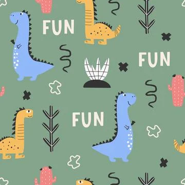 Cute seamless pattern with varied dinosaurs. Creative childish background for Illustrazione stock