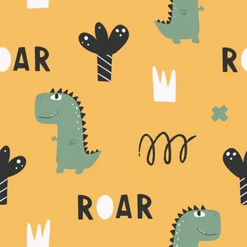 Cute seamless pattern with varied dinosaurs. Creative childish background for Illustrazione stock
