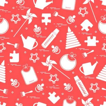 Cute seamless pattern with variety children's goods and toys: bibs, pinwheel, Stock Illustration