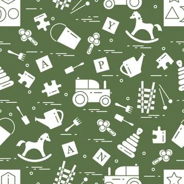 Cute seamless pattern with variety of children's toys: rocking horse, cubes,  Stock Illustration