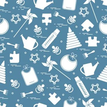 Cute seamless pattern with variety children's goods and toys: bibs, pinwheel, Stock Illustration