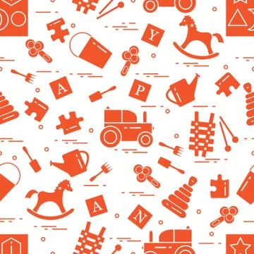 Cute seamless pattern with variety of children's toys: rocking horse, cubes,  Stock Illustration