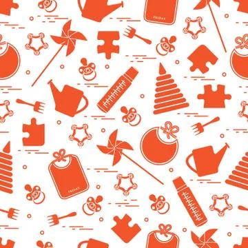 Cute seamless pattern with variety children's goods and toys: bibs, pinwheel, Stock Illustration