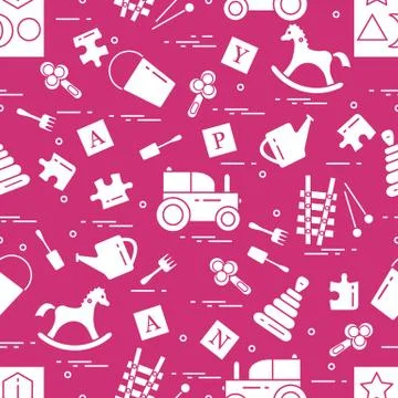 Cute seamless pattern with variety of children's toys: rocking horse, cubes,  Illustrazione stock