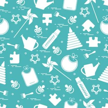 Cute seamless pattern with variety children's goods and toys: bibs, pinwheel, Stock Illustration