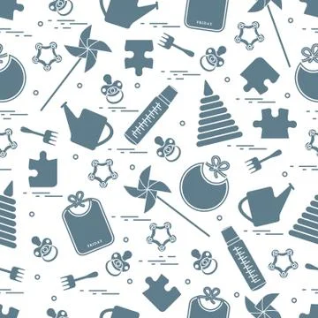 Cute seamless pattern with variety children's goods and toys: bibs, pinwheel, Stock Illustration