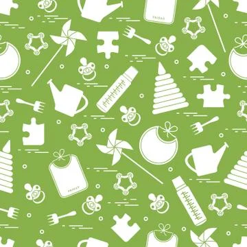 Cute seamless pattern with variety children's goods and toys: bibs, pinwheel, Stock Illustration