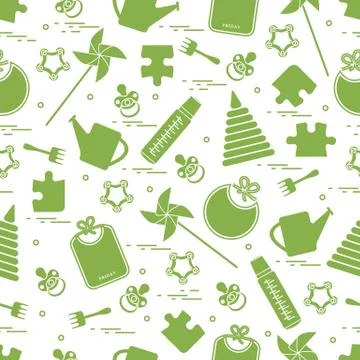 Cute seamless pattern with variety children's goods and toys: bibs, pinwheel, Stock Illustration