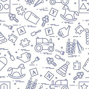 Cute seamless pattern with variety of children's toys: rocking horse, cubes,  Stock Illustration