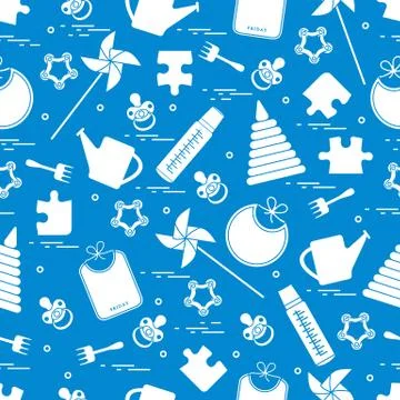 Cute seamless pattern with variety children's goods and toys: bibs, pinwheel, Stock Illustration