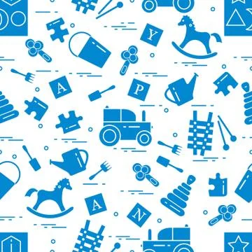 Cute seamless pattern with variety of children's toys: rocking horse, cubes,  Stock Illustration