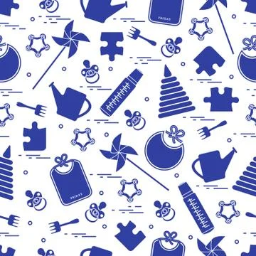Cute seamless pattern with variety children's goods and toys: bibs, pinwheel, Stock Illustration