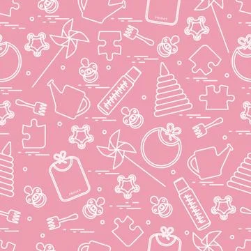 Cute seamless pattern with variety children's goods and toys: bibs, pinwheel, Stock Illustration