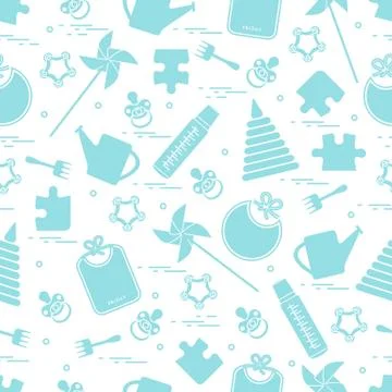 Cute seamless pattern with variety children's goods and toys: bibs, pinwheel, Stock Illustration