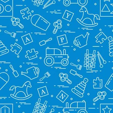 Cute seamless pattern with variety of children's toys: rocking horse, cubes,  Illustrazione stock
