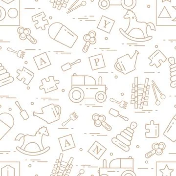Cute seamless pattern with variety of children's toys: rocking horse, cubes,  Stock Illustration