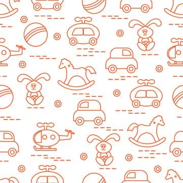 Cute seamless pattern with variety of children's toys: rocking horse, ball, m Stock Illustration
