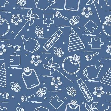 Cute seamless pattern with variety children's goods and toys: bibs, pinwheel, Stock Illustration