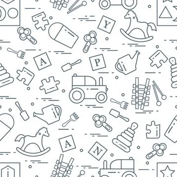 Cute seamless pattern with variety of children's toys: rocking horse, cubes,  Stock Illustration