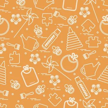 Cute seamless pattern with variety children's goods and toys: bibs, pinwheel, Stock Illustration