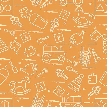 Cute seamless pattern with variety of children's toys: rocking horse, cubes,  Illustrazione stock