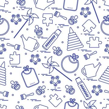 Cute seamless pattern with variety children's goods and toys: bibs, pinwheel, Stock Illustration