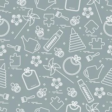 Cute seamless pattern with variety children's goods and toys: bibs, pinwheel, Stock Illustration