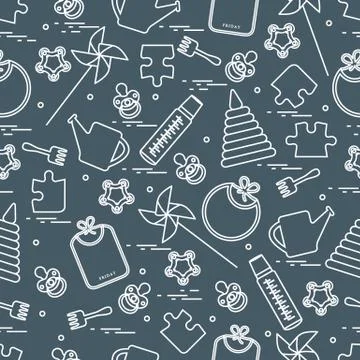 Cute seamless pattern with variety children's goods and toys: bibs, pinwheel, Stock Illustration