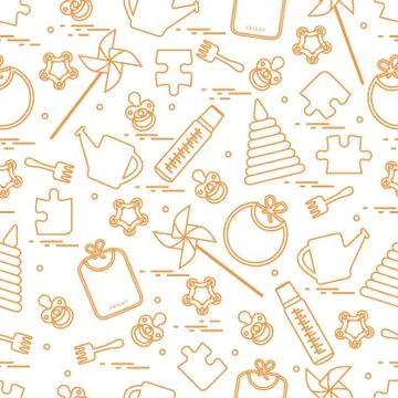 Cute seamless pattern with variety children's goods and toys: bibs, pinwheel, Stock Illustration