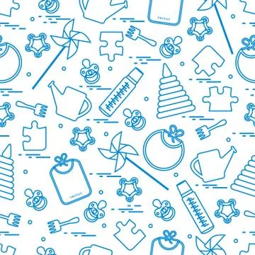 Cute seamless pattern with variety children's goods and toys: bibs, pinwheel, Stock Illustration