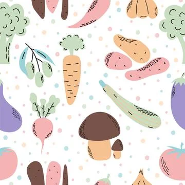 Cute seamless pattern with vegetables. Colorful healthy food background. Or.. Illustrazione stock