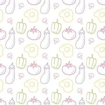 Cute Seamless Pattern with Vegetables Tomato Pepper Eggplant Mushroom Egg Illustration