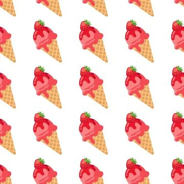 Cute Seamless Pattern with Waffle Ice Cream Cones and Strawberry Topping on.. Stock Illustration