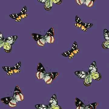 Cute seamless pattern with watercolor painted colorful realistic butterflies. Stock Illustration