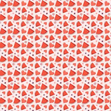 Cute seamless pattern with watermelon, circles and hearts Stock Illustration